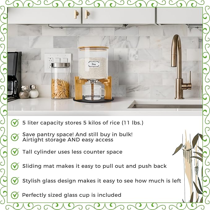 Glass Rice Dispenser 10 lbs, with Airtight Lid & Labels & Slider mat. Make your glass rice container Glass AND Bamboo rice container! Best 5L capacity grain dispenser and rice holder