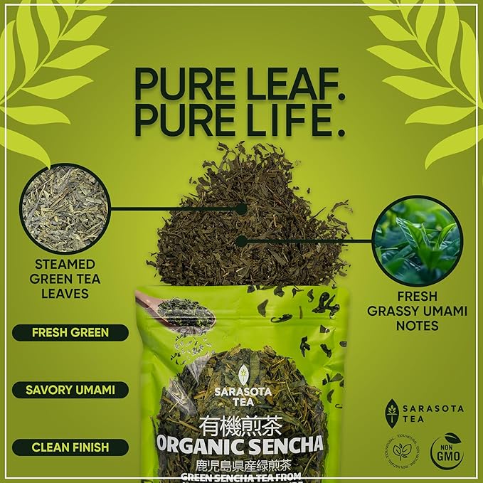 Organic Japanese Sencha Green Tea Loose Leaf | Premium Green Tea from Kagoshima Prefecture | 100% USDA Organic | Fresh & Grassy Flavor | 8oz Bag | High Antioxidants | Non-GMO