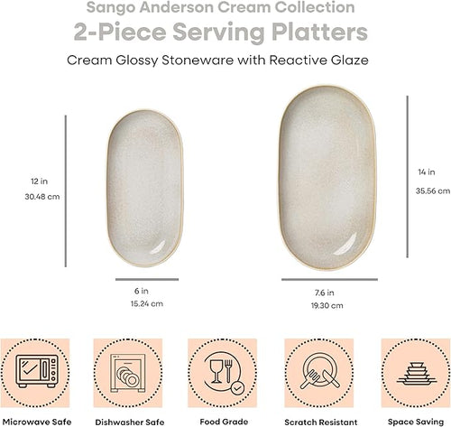 SANGO Anderson Serving Platters Set of 2, 14/12 Inch Stoneware Serving Dishes for Entertaining, Glossy Party Serving Trays for Food, Buffet Oval Platters for Bread, Appetizer, Cheese, Reactive Cream