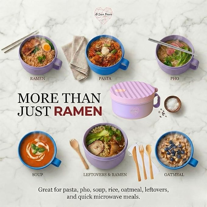 AI LOVE PEACE Ramen Bowls, 40 oz Large Microwavable Noodle Bowls (1 Blue, 1 Purple) with Chopsticks, Sporks, and Utensil Bag, Portable Microwave Bowl for Home, Office, Dorm, or College Gift.