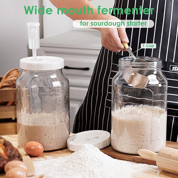 2 Pack 1 Gallon Large Fermentation Jars with 3 Airlocks and 2 SCREW Lids(100% Airtight Heavy Duty Lid w Silicone) - Wide Mouth Glass Jars w Scale Mark - Pickle Jars for Sauerkraut, Sourdough Starter