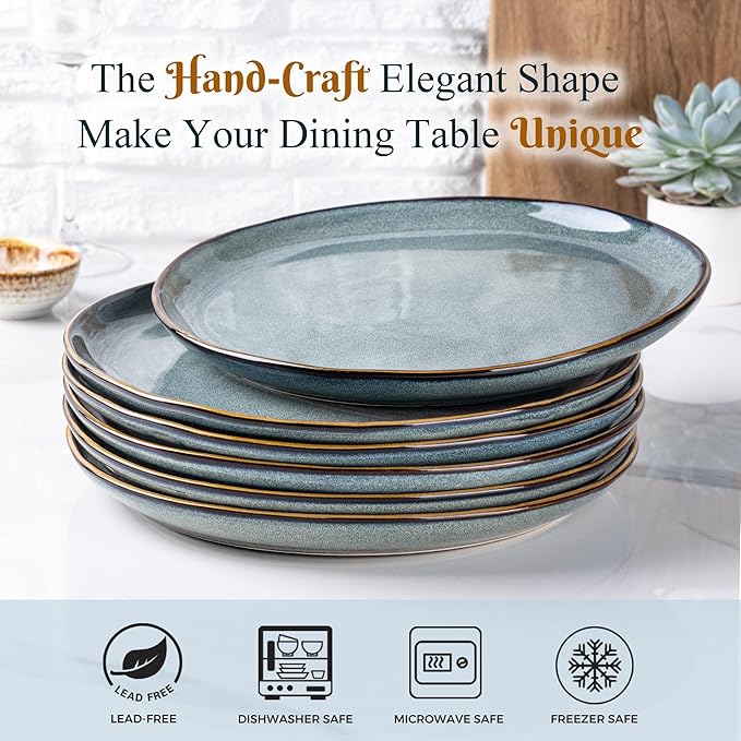 AmorArc Ceramic Dinner Plates Set of 6,10.5 Inch Handmade Reactive Glaze Stoneware Plates,Rustic Shape Dinnerware Dish Set for Kitchen,Microwave & Dishwasher Safe,Scratch Resistant