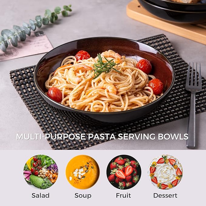 LERATIO Large Pasta Bowls,38oz Ceramic Pasta Bowls,9.0" Reactive Glaze Pasta Bowl Set of 4,Microwave & Dishwasher,Oven Safe,Wide Serving Bowls for Salad,Dessert,Fruit-Reddish Brown