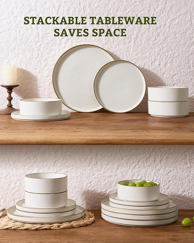 Famiware Nebula Plates and Bowls Sets, 24 Pieces Stoneware Dinnerware Sets, Reactive Glaze Dish Set, Dishes Set for 8, Matte Beige White with Brown Rim