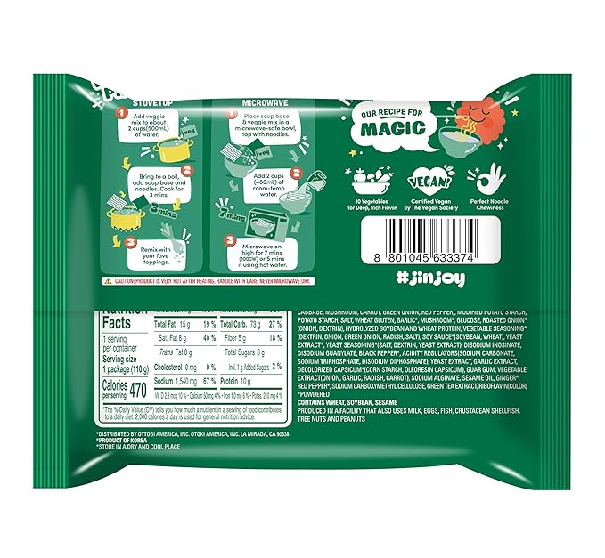 OTOKI Jin Ramen Veggie Korean Vegan Instant Ramen, Plant-Based Vegetable Broth, Savory & Umami Flavor, Ready in 4 Minutes, 4.23 oz (Pack of 4)