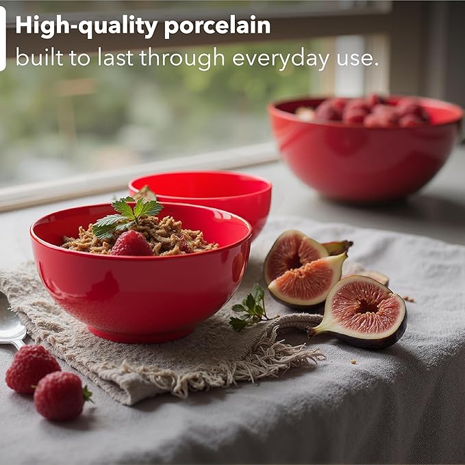 Brew To A Tea BTaT- Soup Bowls Set, 16 Ounces, Set of 12, Red, Porcelain Dishes for Soup, Rice, Salad, Noodle, Microwave, Oven, Freezer & Dishwasher Safe, Deep Cereal Bowls for Kitchen
