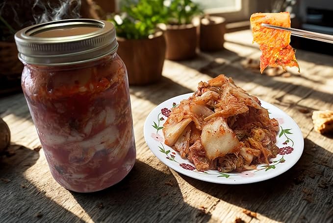 Traditional Korean Kimchi, 1 lb, Authentic Fermented Pickled Cabbage Sliced Spicy Napa Cabbage with Anchovy & Shrimp, Probiotic-Rich, Perfect with Ramen, Noodles and Rice