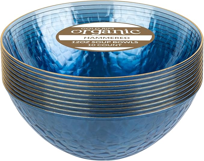 PLASTICPRO 30 Pack 12 Ounce Hammered Plastic Bowls Translucent Blue with Gold Rim Heavyweight Disposable Plastic Soup Bowls Elegant Translucent Hammered Gold Rim Platsic Party Dishes