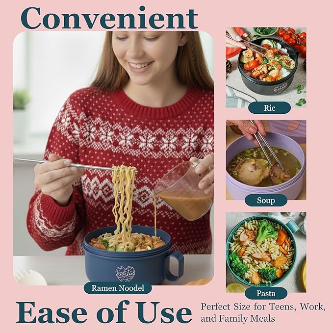 AI LOVE PEACE Ramen Bowl, 40 oz Microwaveable Noodle Cooker for Ramen, Pho, Soup, and Pasta, Dishwasher Safe and Portable, Ideal for Home, Office, Dorm, or Gift (Pink)