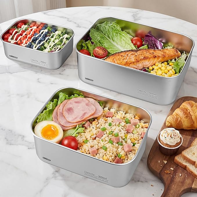 3Pcs Stainless Steel Food Containers,Stainless Steel Containers with Lids,Snack Containers,Lunch Box,Easy Clean,Airtight&Leakproof for Kitchen Storage,Dishwasher Safe,BPA-Free（34oz+54oz+88oz）