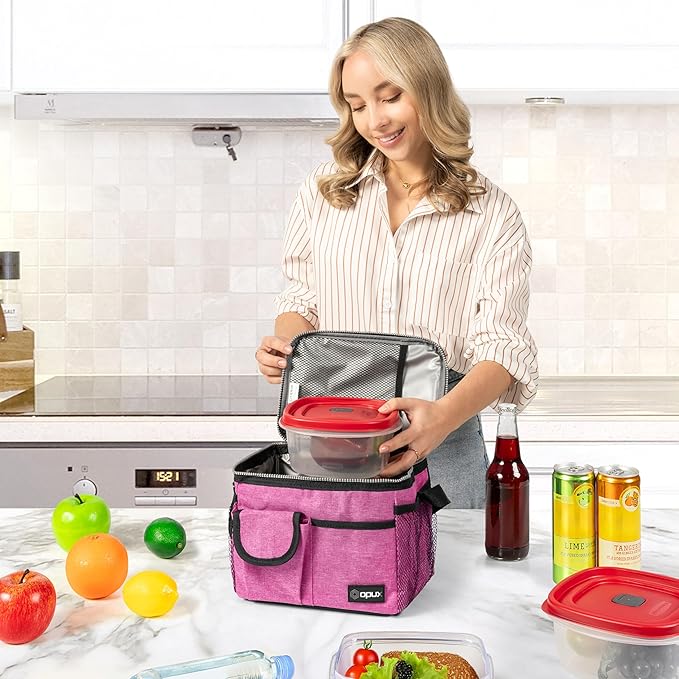 opux Insulated Lunch Box for Men Women Kids, Leakproof Reusable Lunch Bag Cooler for Work School Office, Soft Thermal Lunchbox Tote with Shoulder Strap for Boys Girls Adults, Heather Pink, 14 Can/8L