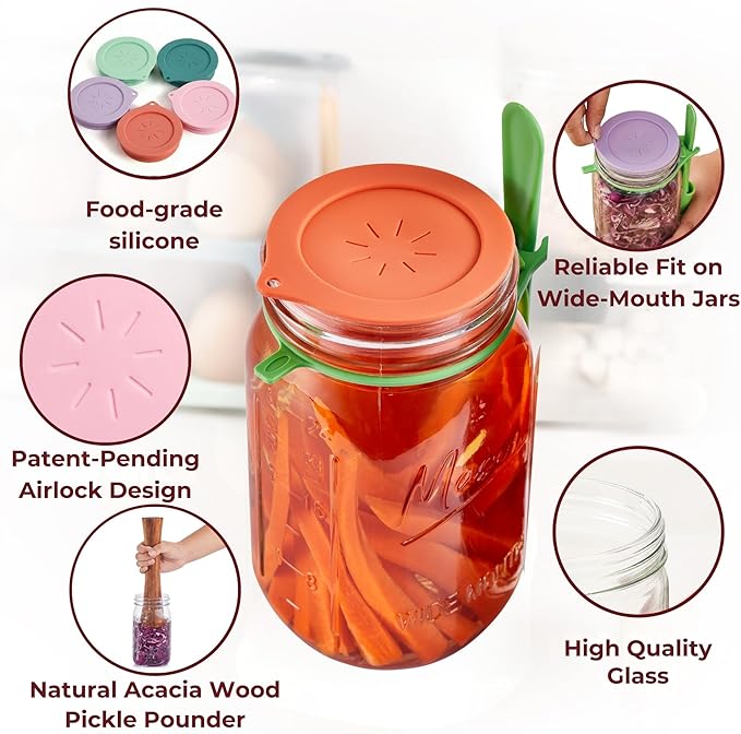 Advanced Fermentation Kit - Pickle Kit, Sauerkraut Making Kit Kimchi Container - Fermentation Airlock Lids for Wide Mouth Mason Jars by The Amish Chef