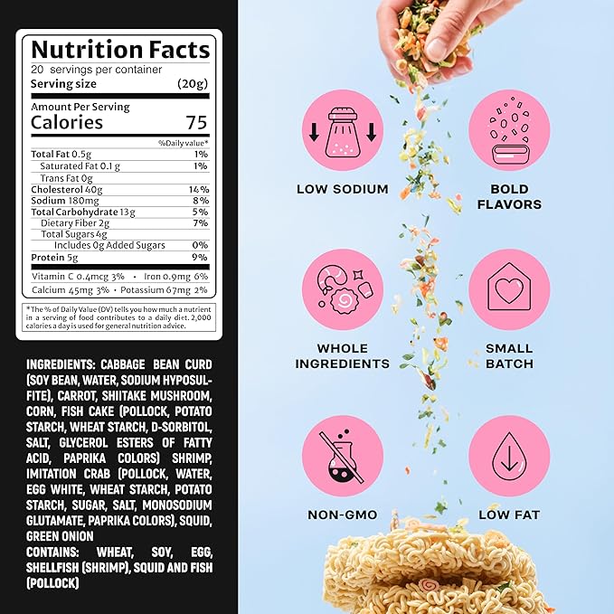 Ramen Bae Classic Seafood & Veggie Mix Dried Ramen Toppings - Low Fat, Low Sodium, Dehydrated Ramen Toppers, Add Ins, Mix Ins for Ramens, Noodles, Soup, Fried Rice - Easy To Prep, Up To 20 Servings