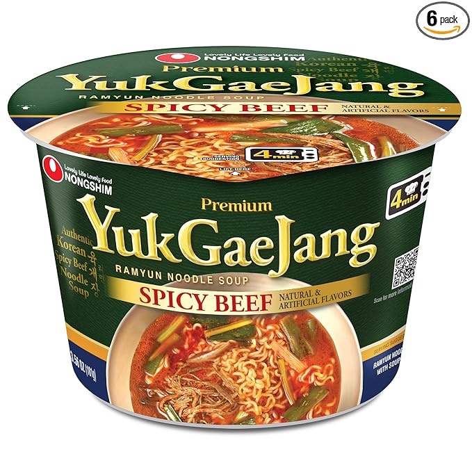 Nongshim Yukgaejang Big Bowl, Premium Ramyun Noodle Soup, Spicy Beef, 3.56 oz (Pack of 6)