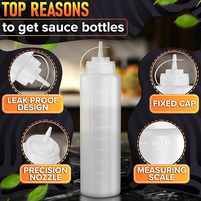 10-Pack Plastic Condiment Squeeze Bottles 36 oz – Refillable Squirt Bottles with Narrow Tip, Leak-Resistant | Great for Oil, Sauces, Ketchup, Mayonnaise, Syrup, Dressing, Summer BBQ and Catering Use