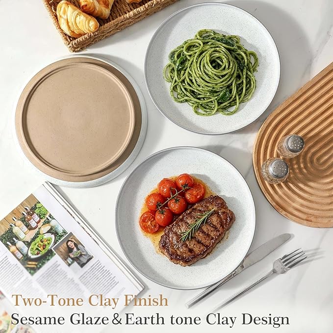 Ceramic Dinner Plates Set of 4 with High Edges, 8 Inch Glacier White Plates for Salad, Pasta and Steak, Oven＆Dishwasher Safe, Stoneware Plates with Matte Terracotta Base, Porcelain,Scratch Resistant
