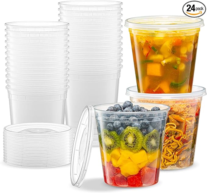 ELEGANT DISPOSABLES 24 OZ - 24 Sets Plastic Deli Food Storage Containers with Airtight Flexible Lids Microwavable, Leak Free, Washable, Freezer Safe.