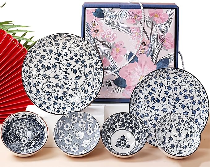 Ceramic Plates and Bowls Set, Japanese Style Dinnerware Set with Gift Box - Blue and White - 4 Rice Bowls and 2 Pasta Bowls - Kitchen Gifts for Women (Blue and White)