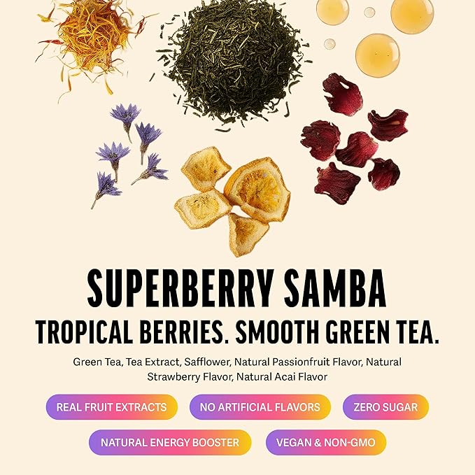 Zest Energy Green Tea - Superberry Samba Loose Leaf - High Caffeine Strawberry & Passion Fruit - Caffeinated Coffee Altnernative with Antioxidants - Natural, Non-GMO & Keto - 50 Servings - 135mg Caf