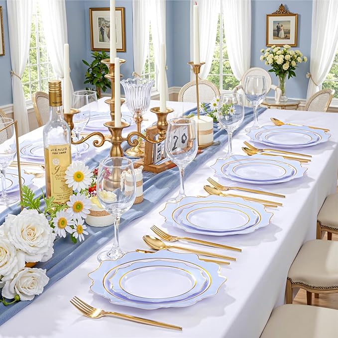 WDF 100PCS Blue Plastic Plates - Light Blue Plates Disposable - Heavy Duty Scalloped Plastic Plate for Parties/Wedding/Baby Shower (Pack of 2)