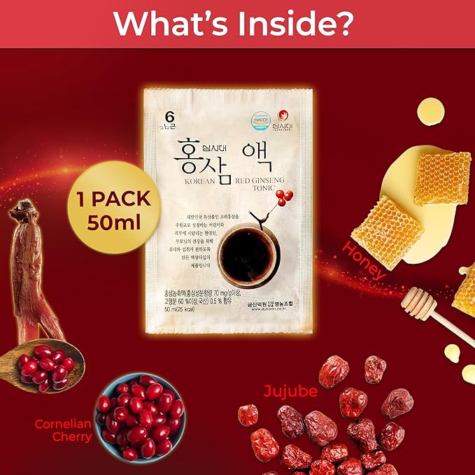 SamSiDae Korean Red Ginseng Tonic – 6-Year Grown Roots with Jujube & Cornus Fruit Extract – Caffeine-Free Herbal Supplement – Supports Energy and Immune Health – 20 Convenient Daily Pouches