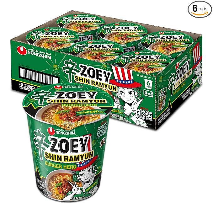 Nongshim Shin Ramyun Burger Hero, Spicy Instant Noodle Cup, Hamburger Taste, 3.35 oz (Pack of 6)