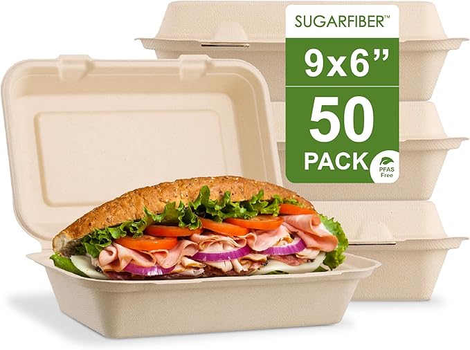 [50 COUNT]Harvest Pack PFAS FREE 9 X 6" Compostable Clamshell Take Out Food Containers, Heavy-Duty Hinged Container, Disposable Bagasse Eco-Friendly Natural to go Food Box, 100% Sugarcane Plant