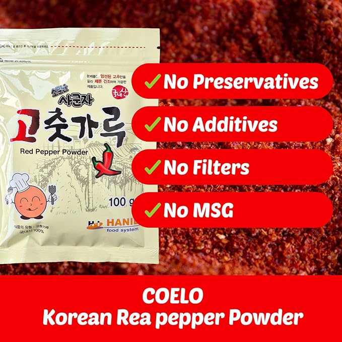 COELO Gochugaru Korean Chilli Flakes 3.52oz (100g) | Premium Korea Chilli Red Pepper Powder Coarse Flakes Seasoning for Korean Spice for Kimchi & Cooking K-Food | Vegan, NO MSG