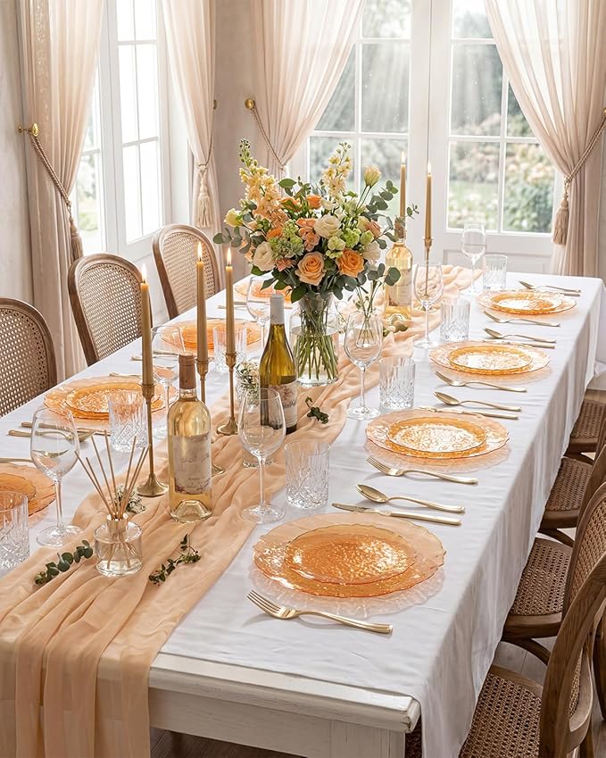 bUCLA 40PCS Orange Plastic Disposable Plates - Fancy Clear Orange Hammered with Gold Lace-Edge - Include 20 Each (10inch Dinner & 7inch Dessert) Plates for Party & Wedding