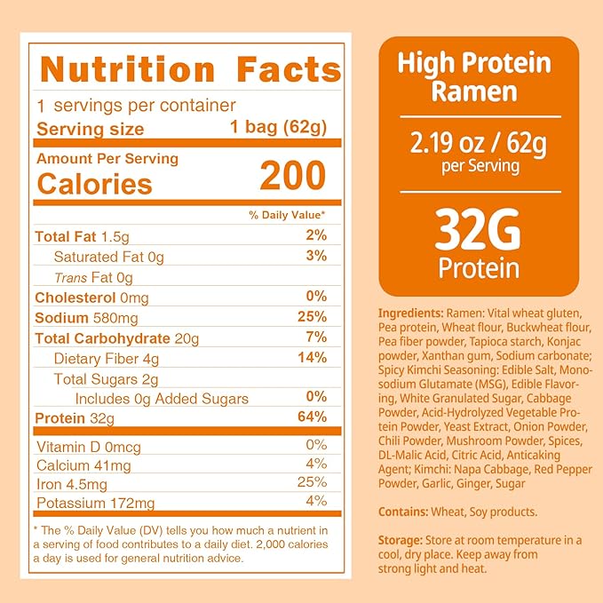 VOLO VERO High Protein (32g) Instant Ramen Noodles Soup, Spicy Kimchi Flavor, 8 Packs, Vegan, Plant-Based, Non-Fried, Low Fat, Egg-Free, Dairy-Free, Healthy Asian Meal