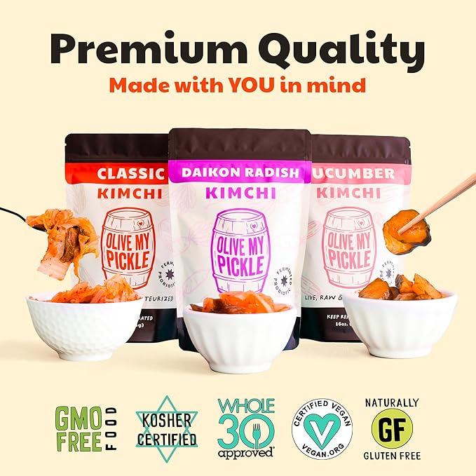 Olive My Pickle Fermented Kimchi Variety Pack - 48 oz | 3 Pack Classic, Cucumber Kimchi & Daikon Radish Kimchi | Napa Cabbage Fresh & Flavorful Korean Kimchi with Natural Probiotics for Gut Health