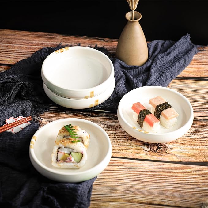 Gaolinci Creative Zen Ceramic Plate, Round Smooth Glazed Side Dish Snack Dish Pickle Dish (Set Of 4)