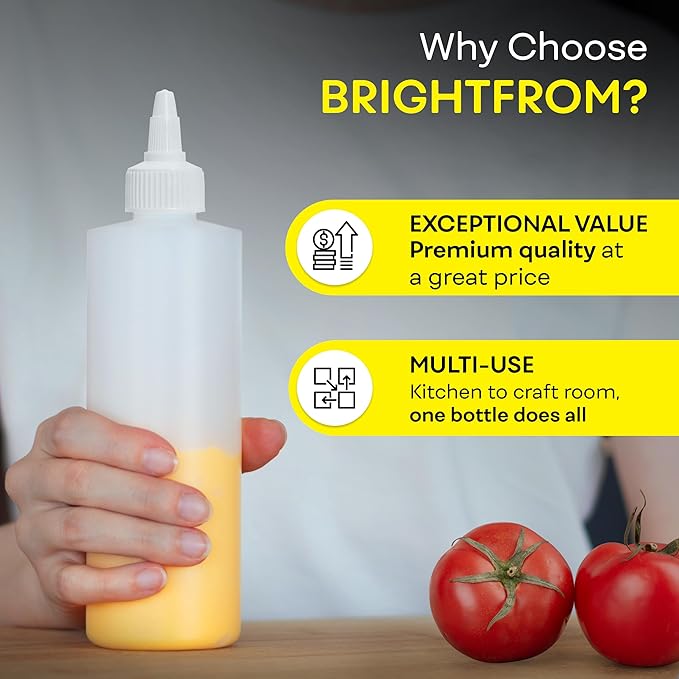 BRIGHTFROM Condiment Squeeze Bottles, 12 OZ Empty Squirt Bottle with Twist Top Cap, Leak Proof - Great for Ketchup, Mustard, Syrup, Sauces, Dressing, Oil, Arts and Crafts, BPA FREE Plastic - 4 PACK