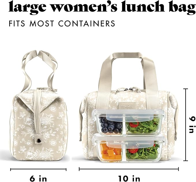 Fit & Fresh Remi Lunch Bag for Women Work – Neoprene Lunch Tote with Containers & Ice Pack, Reusable Meal Prep Lunch Box, Large Capacity, Machine Washable, Tan Toile