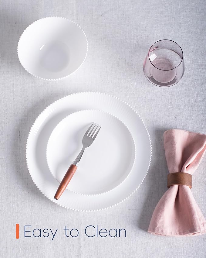LaGlint 10.5 inch Ribbed Dinner Plate Set of 6, Round Opal Glass White Dinnerware Plates, Dishwasher and Microwave Safe