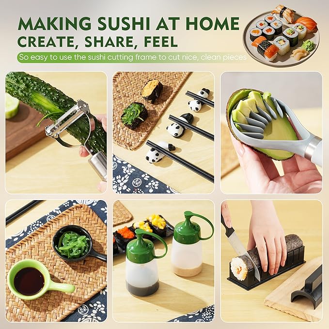 Sushi Maker Kit – 43-Piece Complete Set with Bazooka Roller, Onigiri Shaper, Nigiri Mold, Bamboo Rolling Mat & Tools | DIY for Beginners (Green)