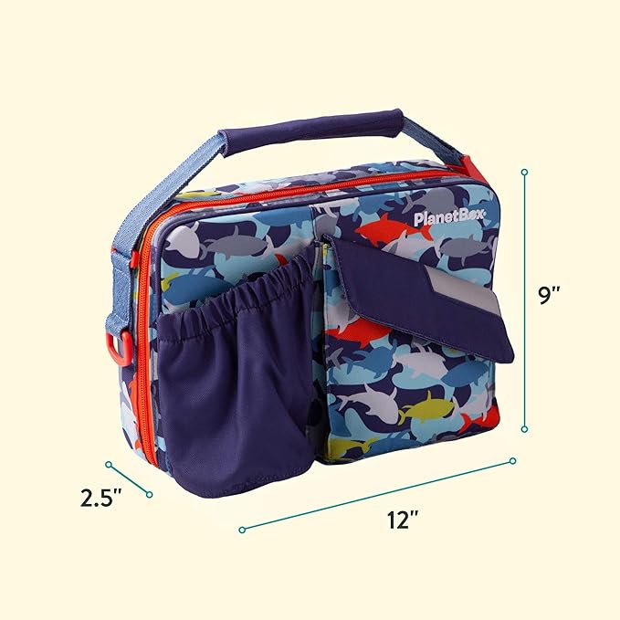 PlanetBox Insulated Lunch Bag – Camo Shark Edition Carry Bag with Pockets for Water Bottle and Snacks – Durable, Easy to Clean, and BPA Free