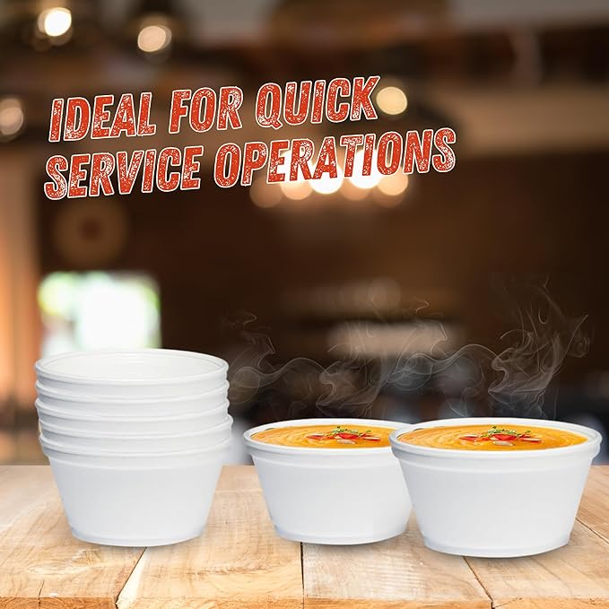 Case of 50 White 8 oz Squat Foam Food Containers – Insulated Disposable Side-Dish & Soup Cups for Restaurants, Catering, Meal Prep
