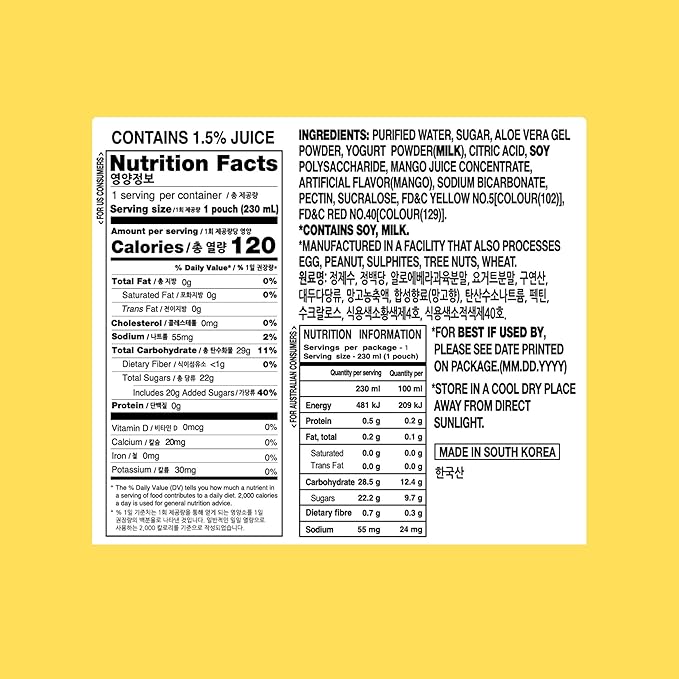 Yogo Vera Mango Ade Korean Drink Pouches – Authentic Korean Convenience Store Beverage with Sweet Mango Flavor, Refreshing Juice Pouch (10 Pack)
