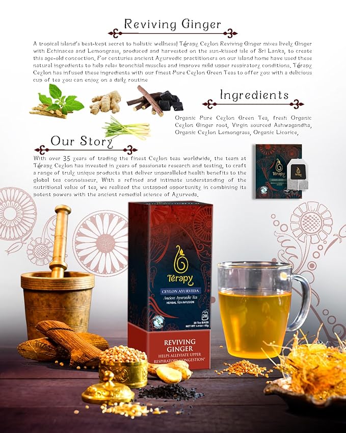 TERAPY Ceylon Ginger and Honey Tea – Premium Blend of Organic Ginger, Wild Bee’s Honey, Ashwagandha, and Lemongrass – Honey Citron Tea Bags for Digestive Wellness Immunity and Daily Vitality – 20 Bags