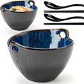 Ramen Bowl with Chopsticks and Spoons Set, 7 Inch Ceramic Noodle Bowl Set of 2, Dishwasher Safe for Pho Udon Soba Noodle Salad Pasta, Special Reactive Blue Bowls Set, Midnight Tide
