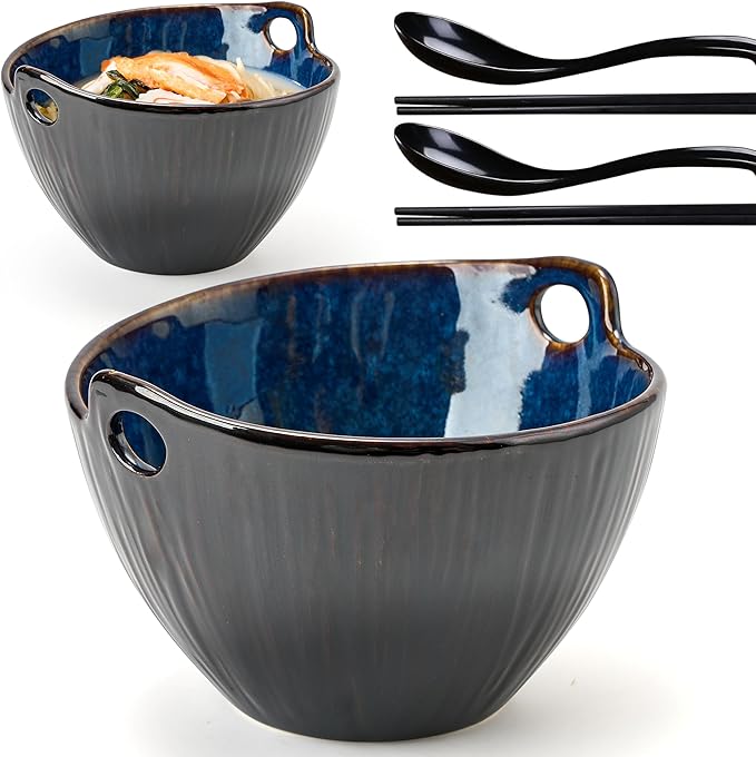 Ramen Bowl with Chopsticks and Spoons Set, 7 Inch Ceramic Noodle Bowl Set of 2, Dishwasher Safe for Pho Udon Soba Noodle Salad Pasta, Special Reactive Blue Bowls Set, Midnight Tide