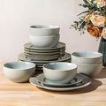 TheTerra Stoneware Dinnerware Sets for 6, 18 Pieces Ceramic Lightweight Plates and Bowls Sets, Scratch Resistant Embossed Dish Set, Oven, Microwave & Dishwasher Safe, Stone Sage