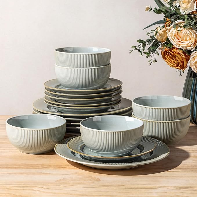 TheTerra Stoneware Dinnerware Sets for 6, 18 Pieces Ceramic Lightweight Plates and Bowls Sets, Scratch Resistant Embossed Dish Set, Oven, Microwave & Dishwasher Safe, Stone Sage