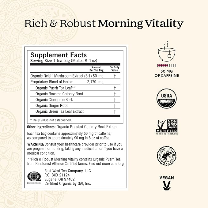 Yogi Tea Rich & Robust Morning Vitality Tea - 16 Bags per Pack (4 Packs) - Organic Adaptogen Tea Perfect for the Morning - Includes Puerh Tea Leaf, Roasted Chicory Root, Cinnamon Bark & More