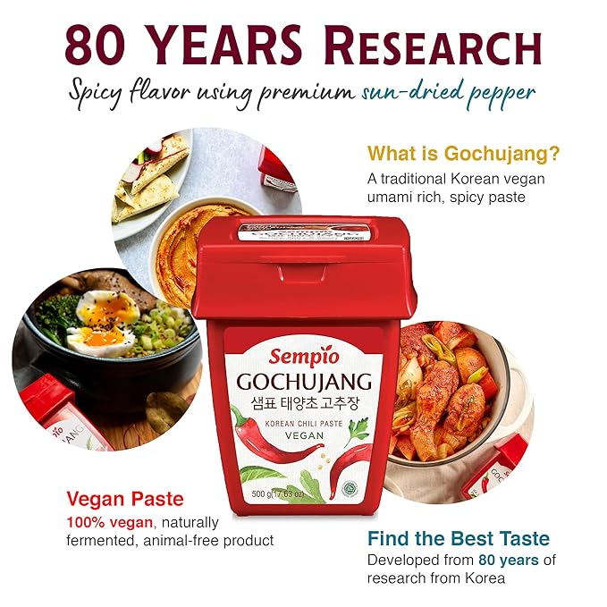 Sempio Gochujang Vegan Korean Red Chili Pepper Paste - Mild Heat: Sweet Spicy Savory Paste, Traditional Fermented Condiment for Cooking, Marinades, Dips, Halal Certified (1.1lbs/500g)