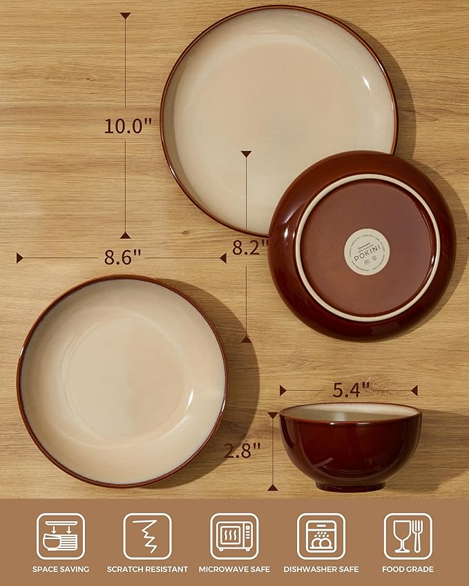 Pokini 32 Piece Double Bowl Dinnerware Sets with Pasta Bowls, Highly Chip and Crack Resistant Plates and Bowls Sets, Natural Earthyware Ceramic Dishware Sets, Service for 8 Brown Yellow