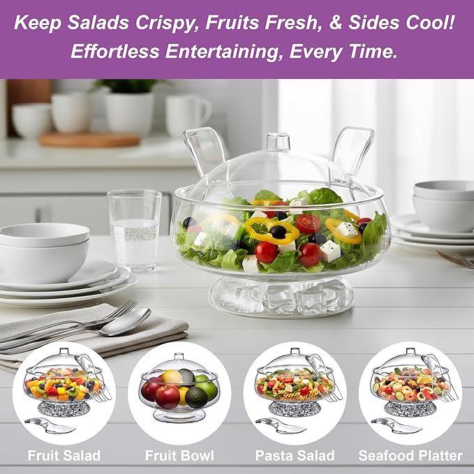 Amazing Abby - Ice Bed - Acrylic 5-Quart Salad Bowl with Built-in Ice Base and Lid, Plastic Clear Serving Bowl with Integrated Servers, Keeping Salad Cold and Fresh for Party, Picnic, Outdoor Dining