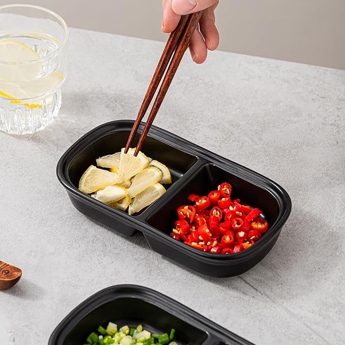 2PCS Ceramic Dishes, Ceramic Dish Stainless Steel Soy Tomato Sauce Salt Vinegar Sugar Spices Flavor Condiment Dip Bowls Korean BBQ Home Kitchen Plates (2 Grids Black)