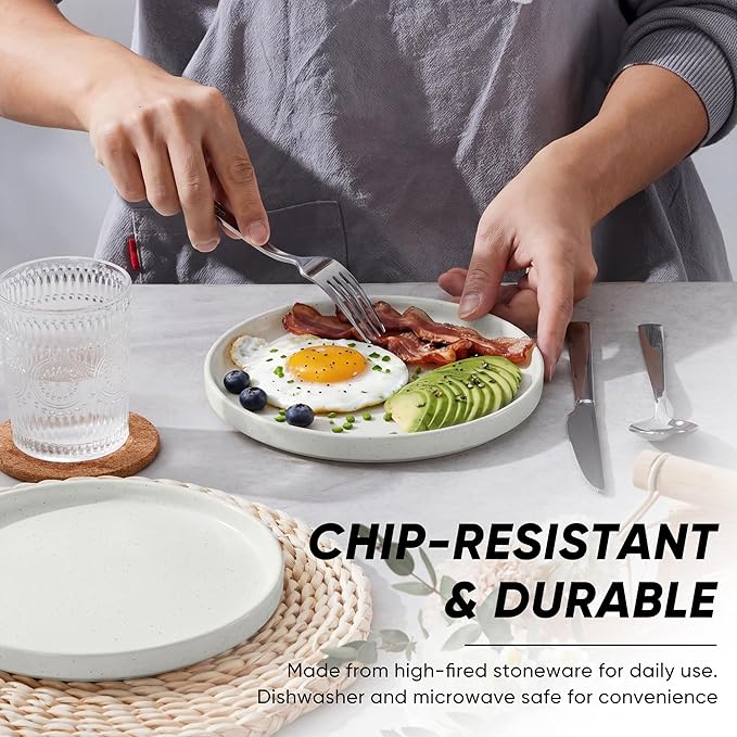 E-far 7.9 Inch Ceramic Dinner Plates, 6-Piece Stoneware Salad Plates with Raised Edges, Chip & Scratch Resistant | Microwave & Dishwasher Safe Dessert Dishes for Appetizer Salad, Speckled White